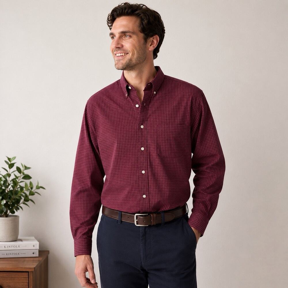 Brooks Brothers Men’s Large Burgundy Check Button Down Shirt 100% Cotton Classic